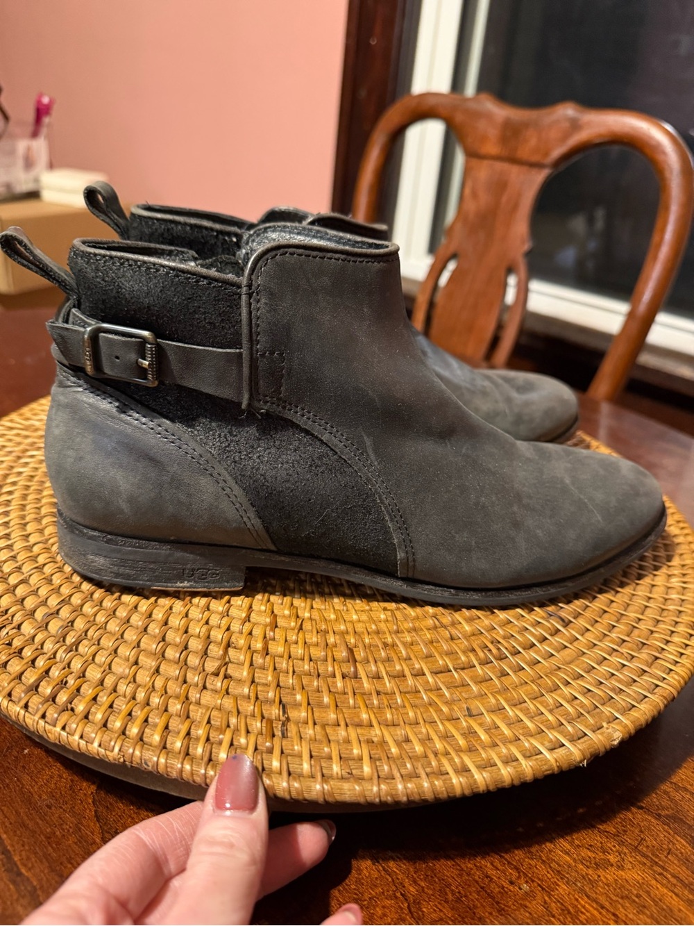 UGG Black Suede & Leather Ankle Boot Fur lined Sheepskin with Buckle Womens